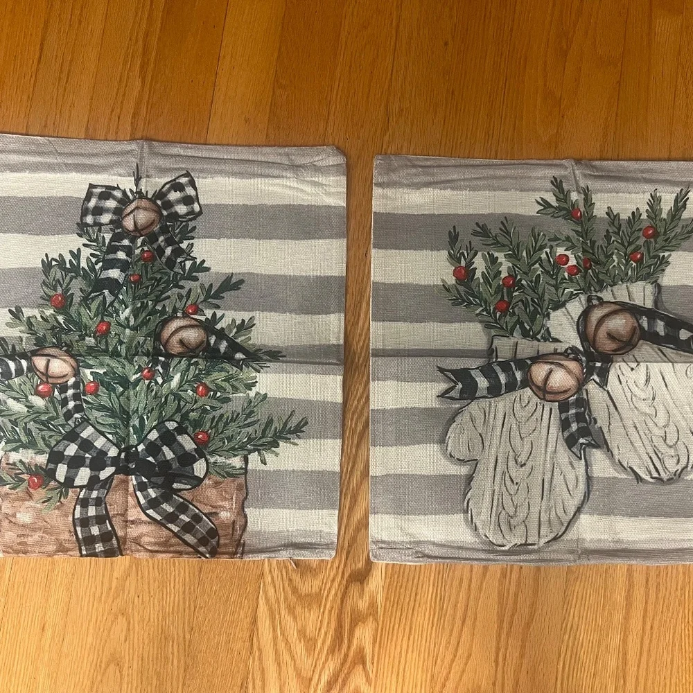 Christmas tree mittens grey tan beige black white pillow covers